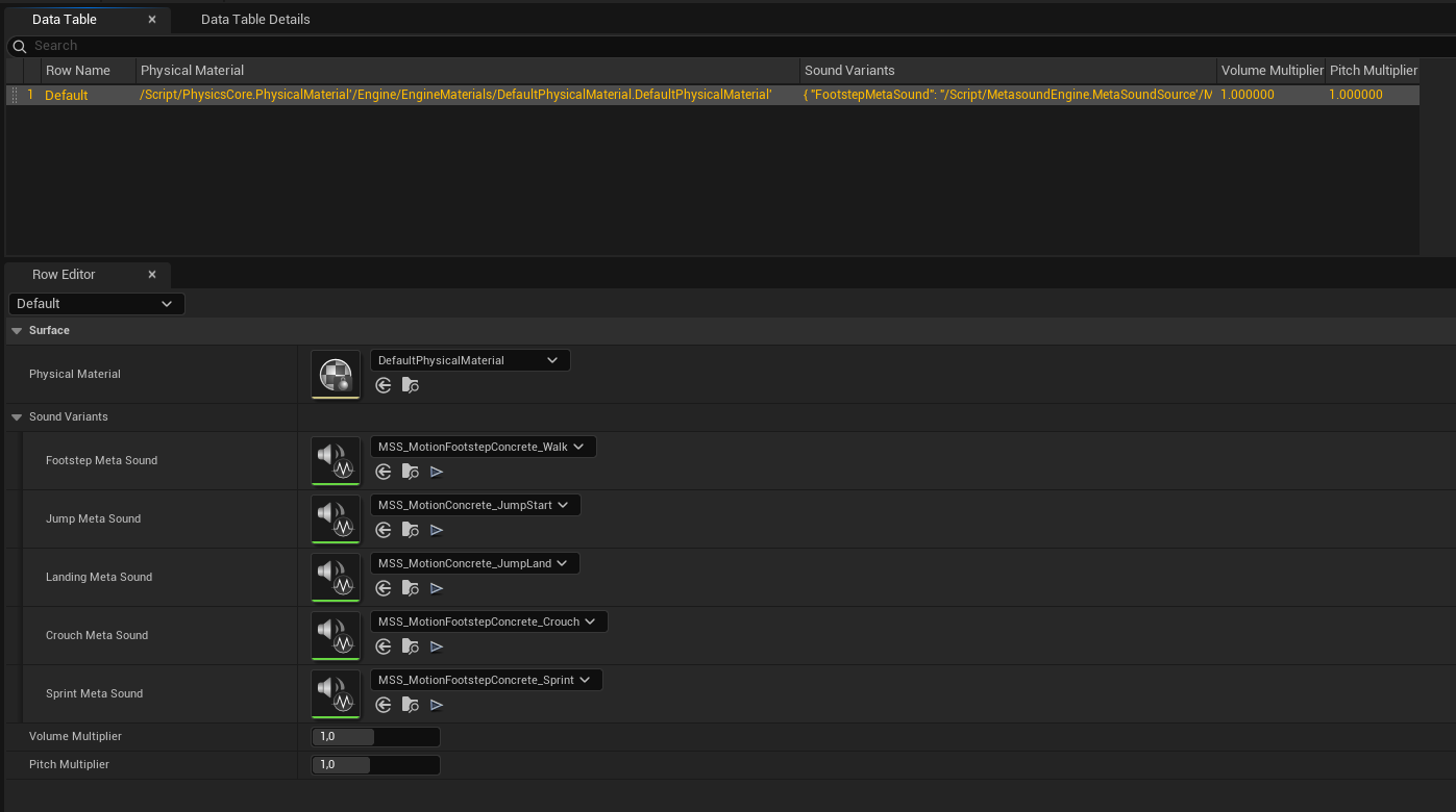 Movement sound DataTable default row fields